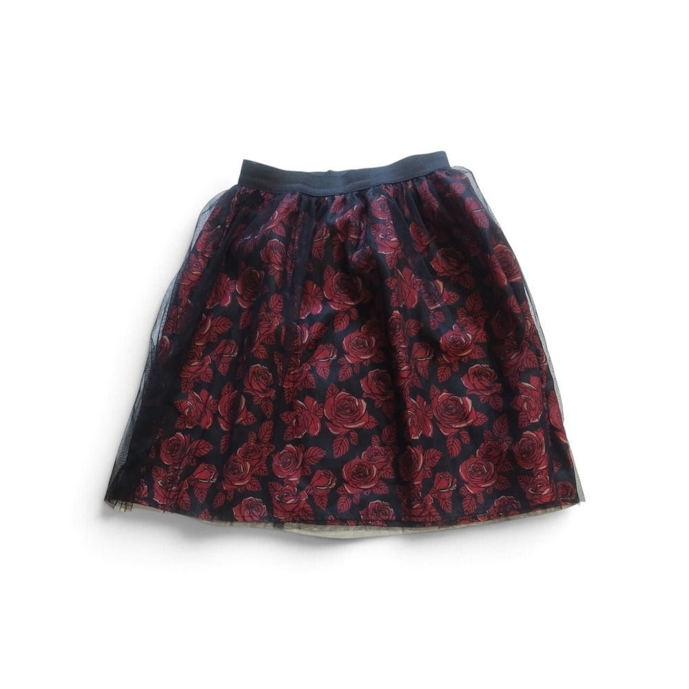 Wonder Nation Girls Red Black Rose Floral Mesh Tulle Skirt Size M 7-8 Elastic